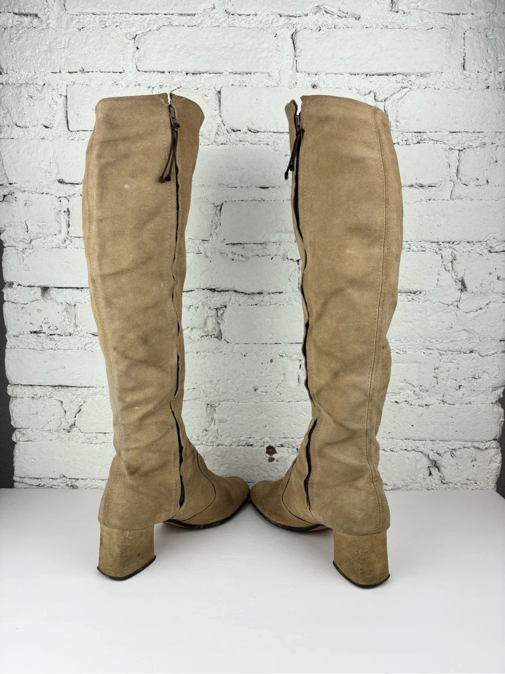 Vintage 60s 70s Tan Tall Suede Leather Block Heel Knee High Boots 9